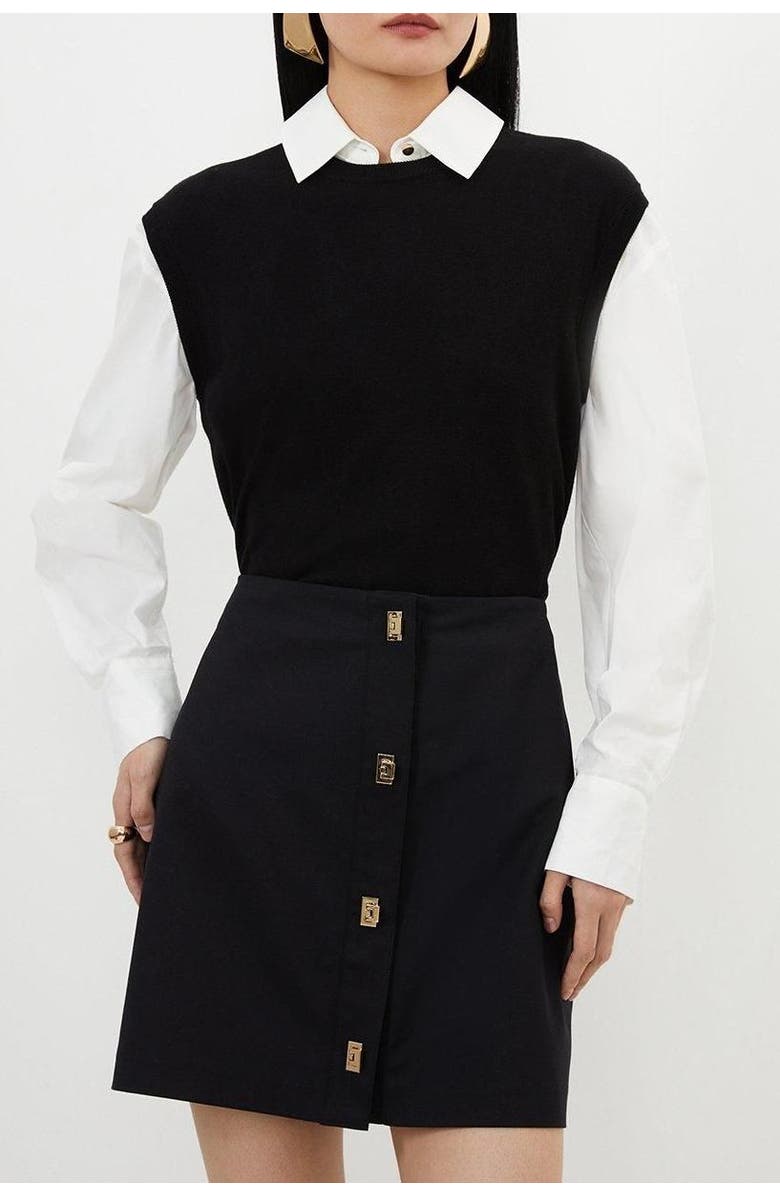 Karen Millen Techno Cotton Gold Clasp Skirt, Alternate, color, Black