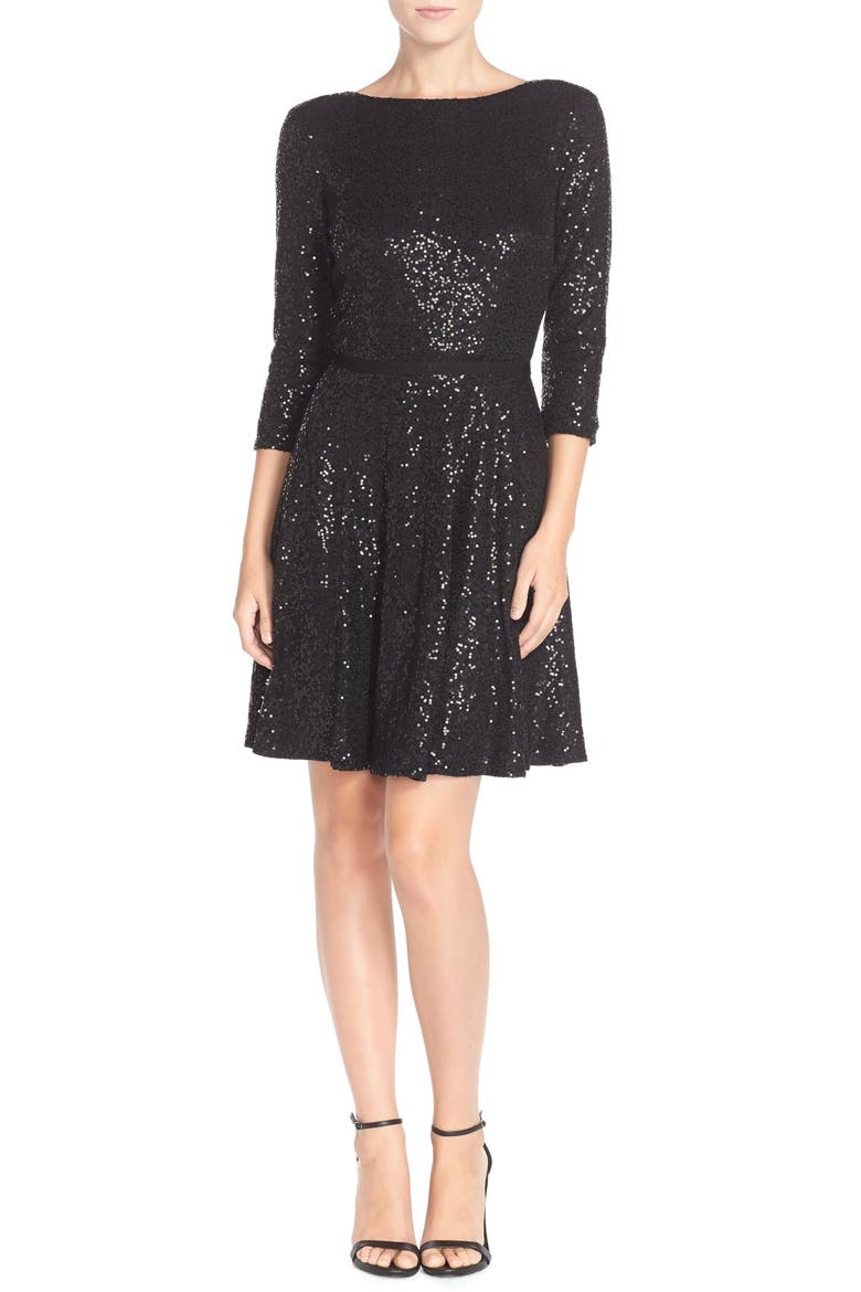 Sequin Jersey Fit & Flare Dress, Alternate, color, BLACK