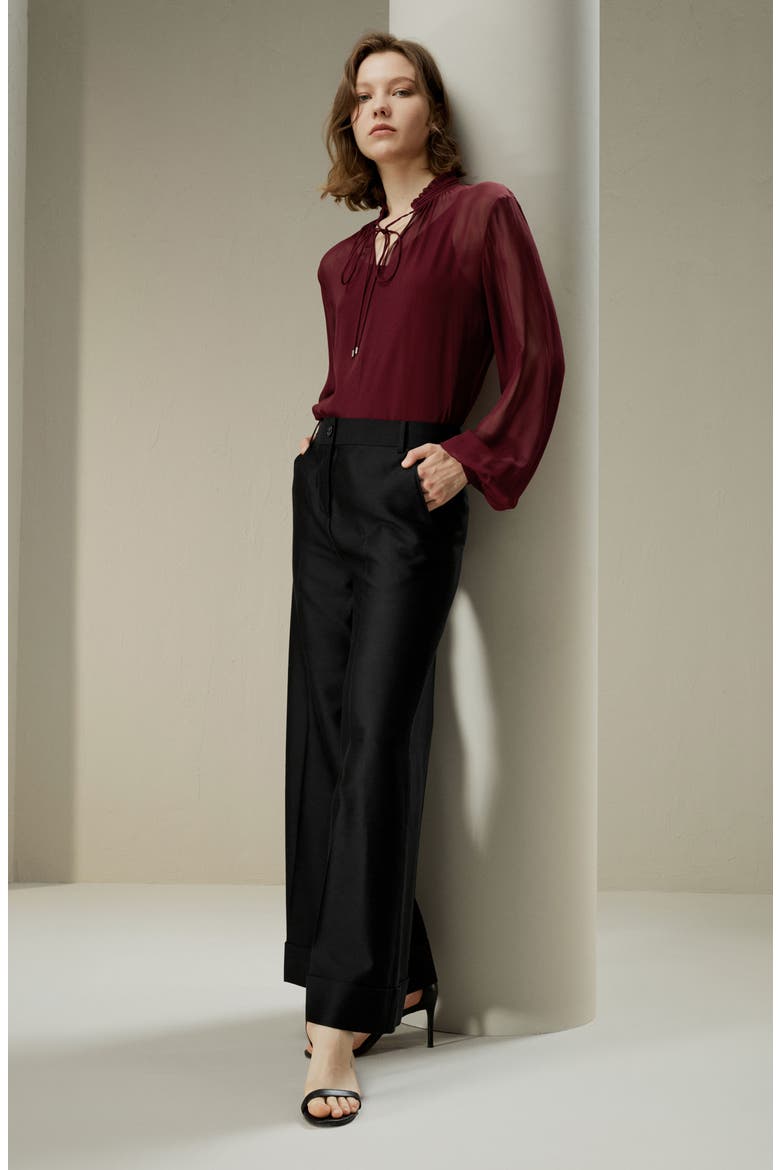 Tie Front Drawstring Georgette Blouse, Alternate, color, Oxblood