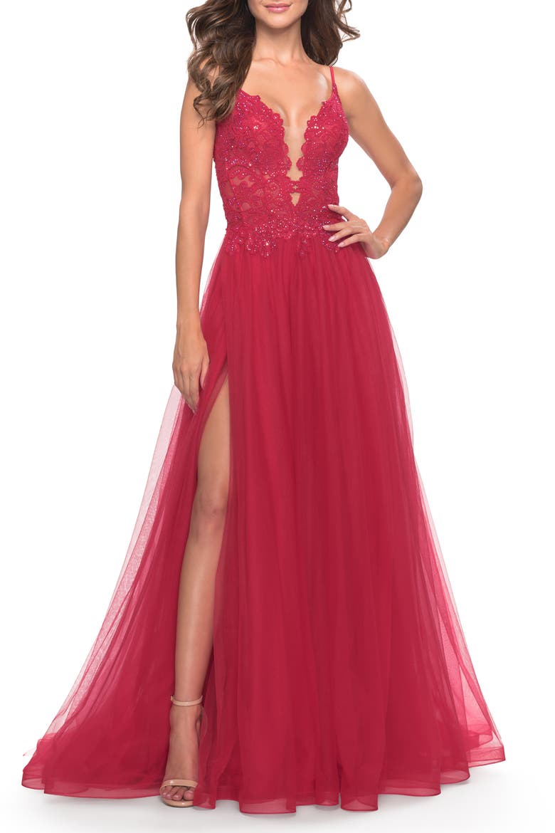 Tulle A-Line Gown with Lace Rhinestone Bodice, Alternate, color, Red