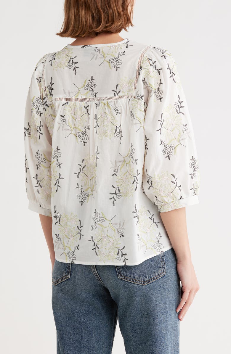 Bobeau Floral Embroidered Cotton Top, Alternate, color, Ivory/ Green Floral