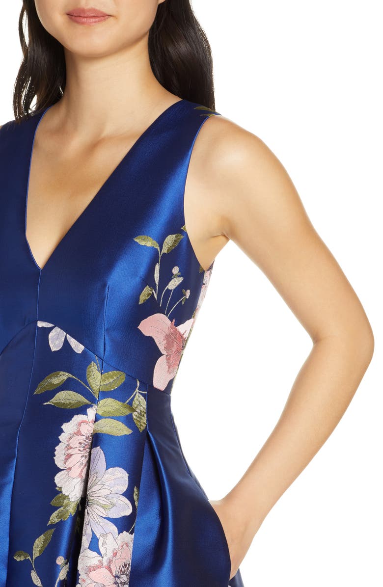 Eliza J Floral Print Satin Twill High/Low Fit & Flare Dress, Alternate, color, 