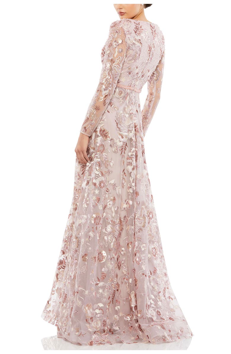 Mac Duggal Embellished V Neck Illusion Long Sleeve A Line Gown, Alternate, color, Rose