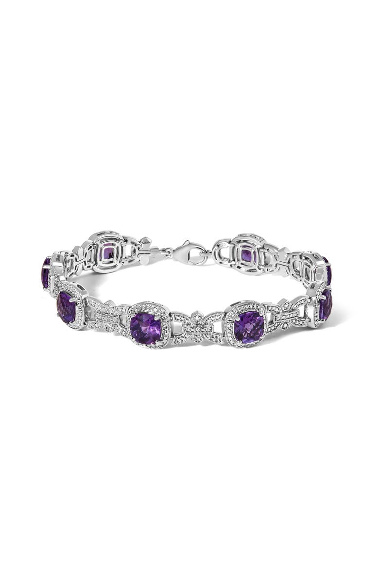 Silver Cushion-Cut Purple Amethyst & Diamond Vintage Halo Link Bracelet, Main, color, White