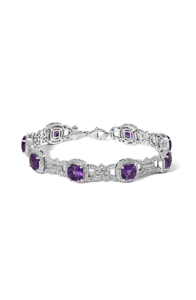 Haus of Brilliance Silver Cushion-Cut Purple Amethyst & Diamond Vintage Halo Link Bracelet, Main, color, White