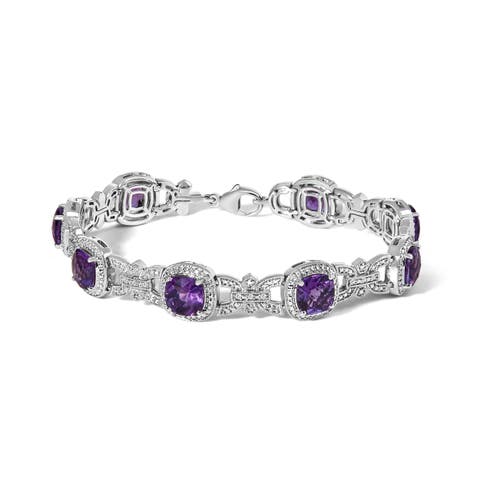Silver Cushion-Cut Purple Amethyst & Diamond Vintage Halo Link Bracelet