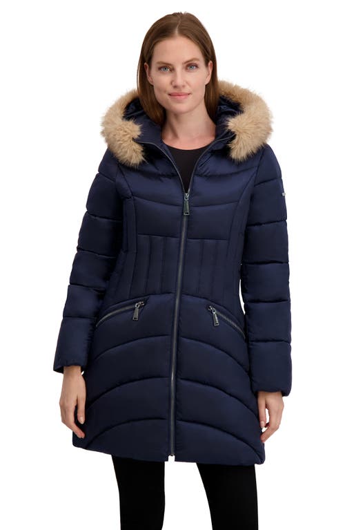 Laundry By Shelli Segal Puffer Jacket With Faux Fur Trim Hood In Blue