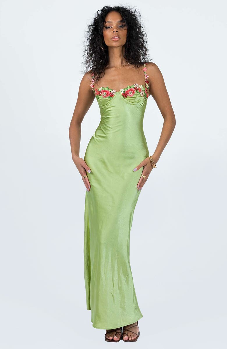 Princess Polly Kenzie Floral Embroidered Satin Maxi Dress, Alternate, color, Green