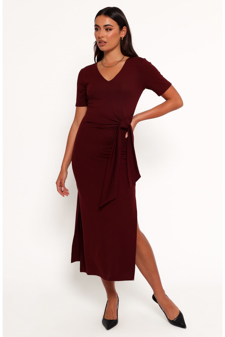 Asha Short Sleeve Tie Waist Midi Dress, Alternate, color, WINE