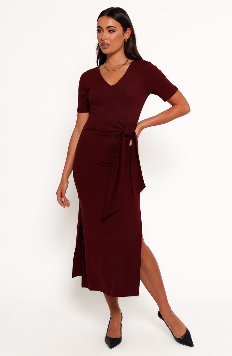 Petal & Pup Asha Short Sleeve Tie Waist Midi Dress, Alternate, color, Wine
