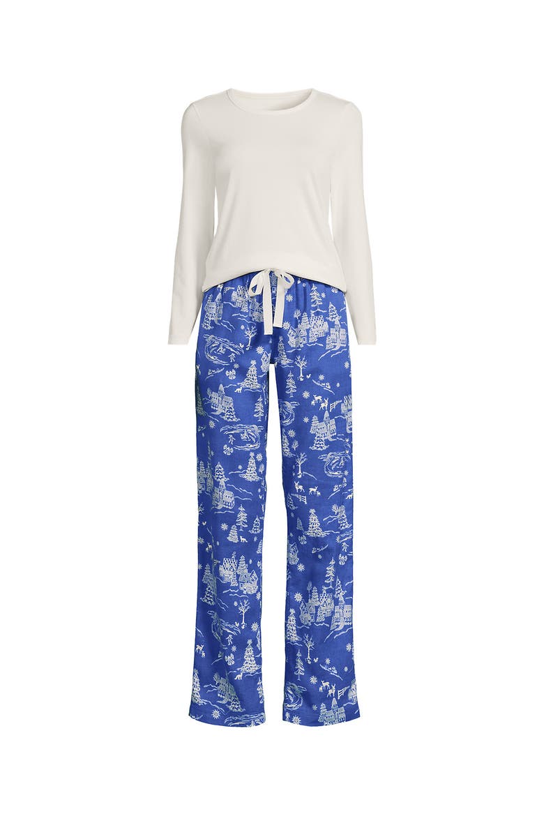 Plus Size Pajama Gift Set - Knit Long Sleeve Top and Flannel Pants, Alternate, color, Muted Cobalt Winter Village
