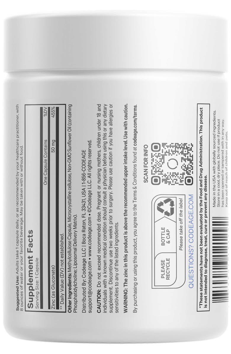 Codeage Liposomal Zinc Gluconate 50 mg Mineral Supplement, Alternate, color, White