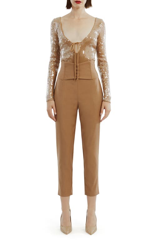 Bardot Verona Sequin Long Sleeve Bodysuit In Beige