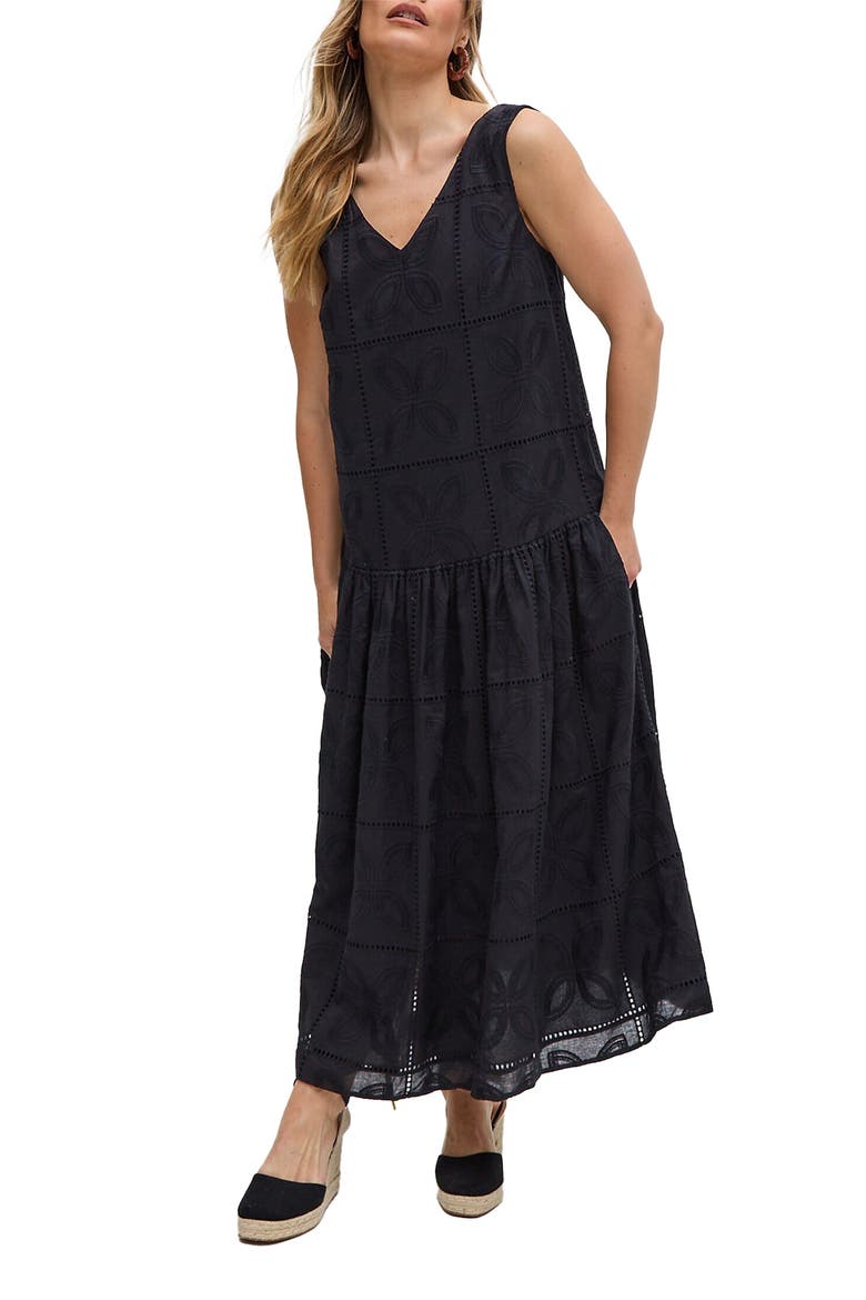Squire All Over Cut Work Drop Waist Midi Dress, Alternate, color, Black