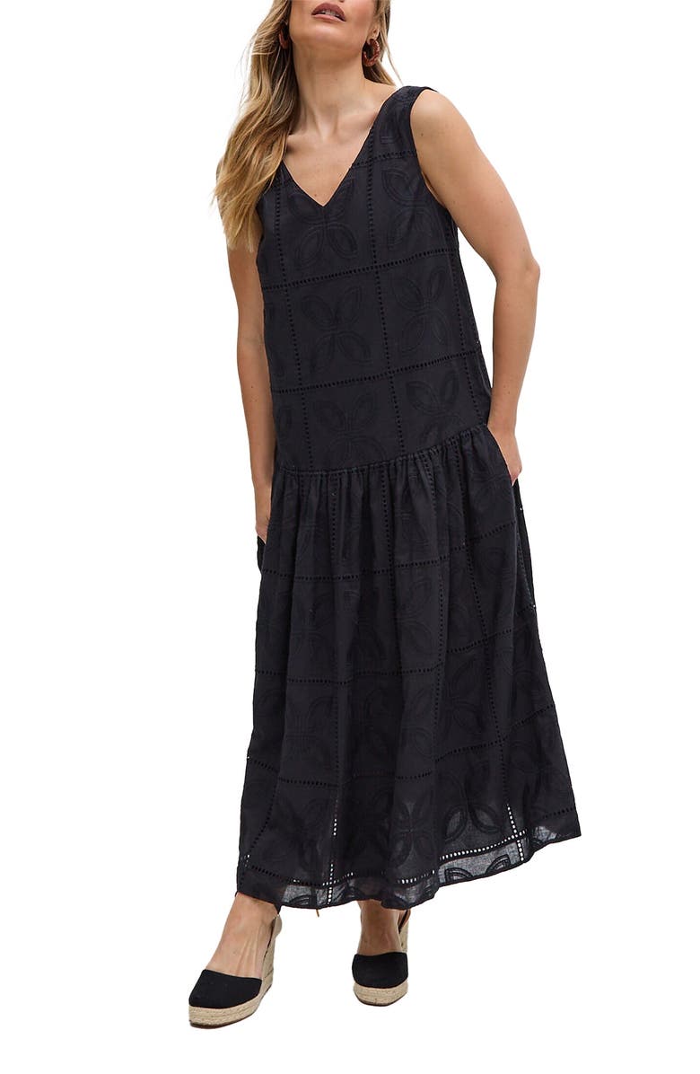 Raffya Squire All Over Cut Work Drop Waist Midi Dress, Alternate, color, Black