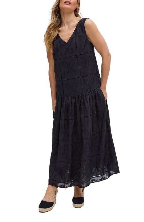 Raffya Squire All Over Cut Work Drop Waist Midi Dress In Black