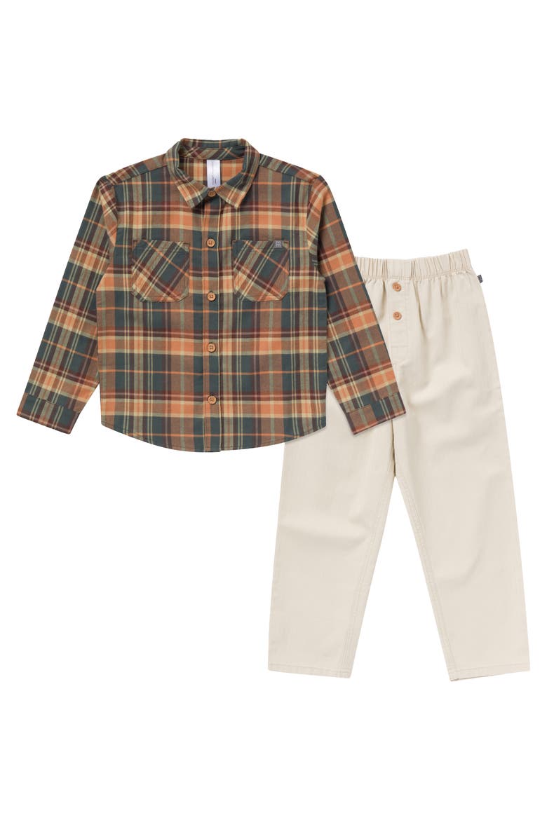 Button Down Plaid Shirt and Pant Set, Main, color, Brown Plaid