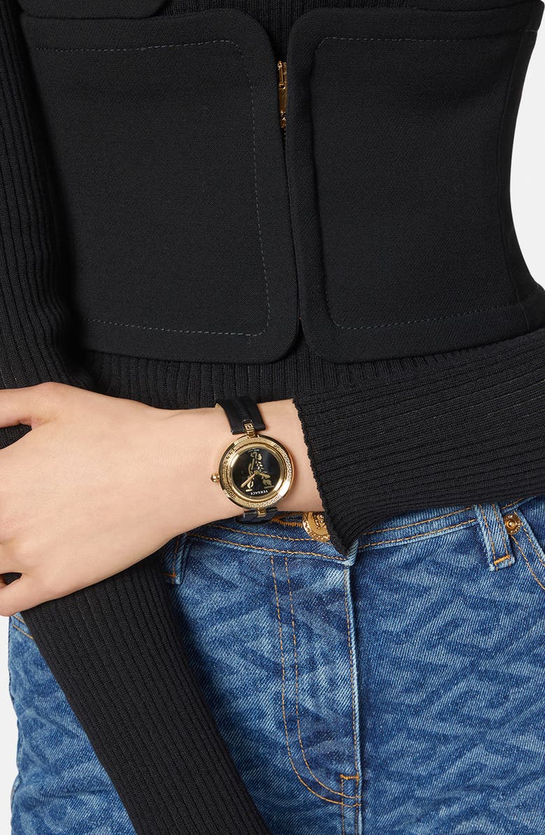 Versace Virtus Infinity Leather Strap Watch, 34mm, Alternate, color, 