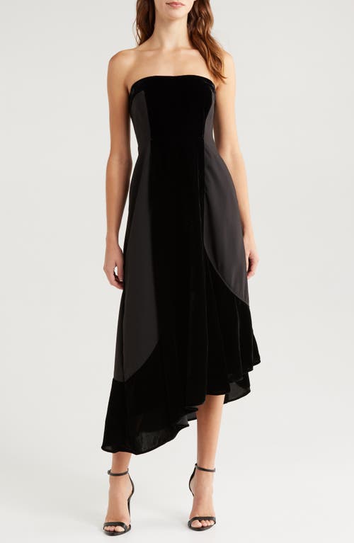 Du Paradis Geneva Mixed Media Strapless Asymmetric Midi Dress In Black