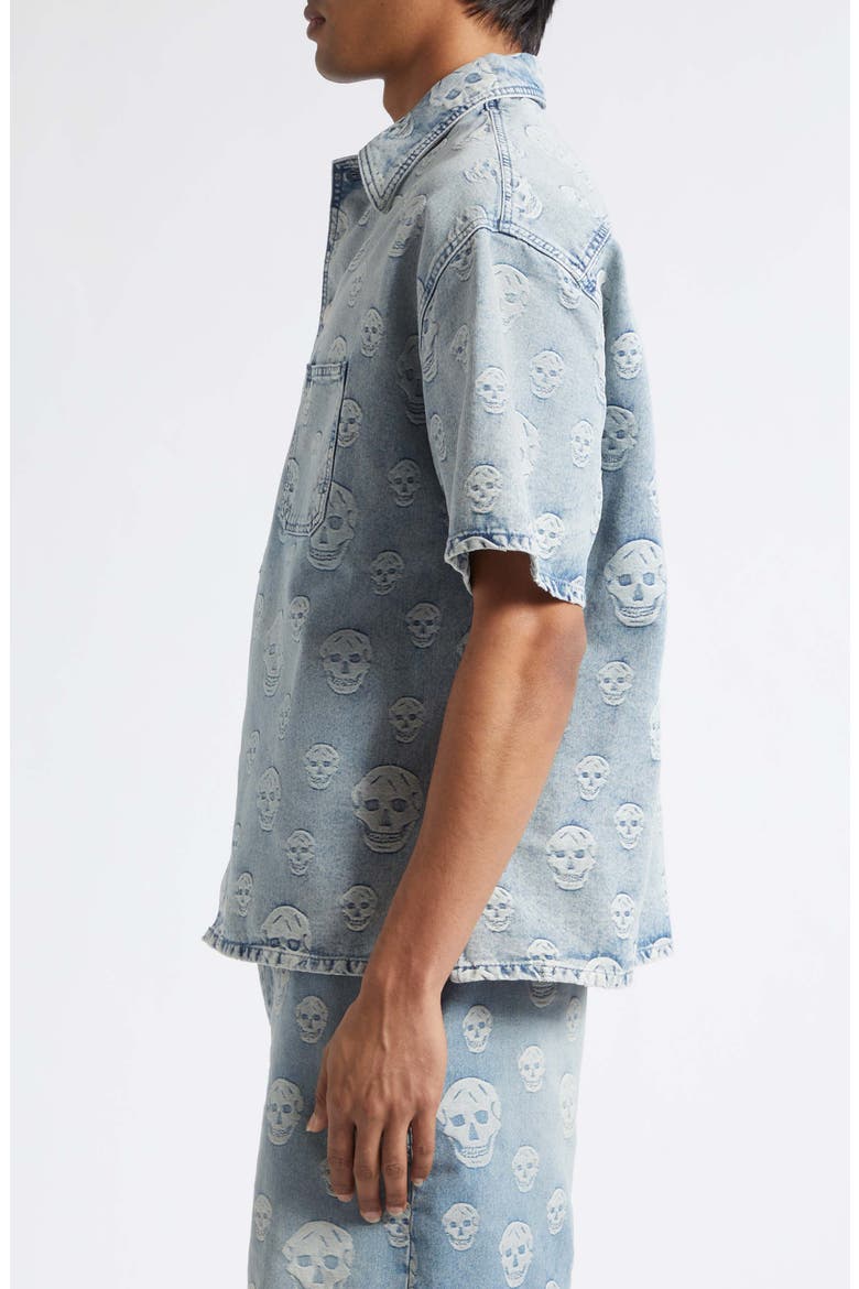 Skull Print Short Sleeve Denim Button-Up Shirt, Alternate, color, SAPPHIRE