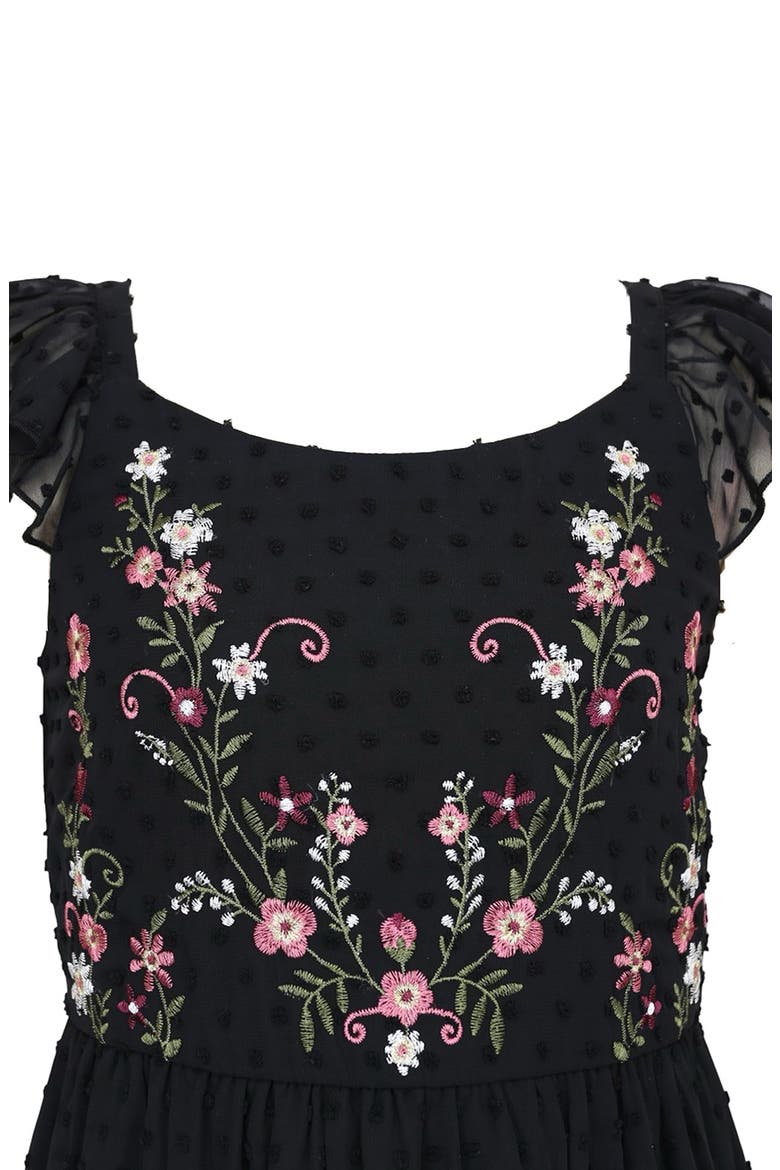 Kids' Embroidered Flutter Sleeve Clip Dot Chiffon Party Maxi Dress, Alternate, color, BLACK
