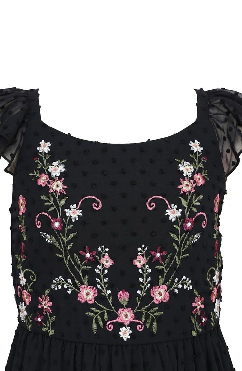 Zunie Kids' Embroidered Flutter Sleeve Clip Dot Chiffon Party Maxi Dress, Alternate, color, Black