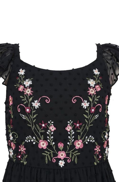 Zunie Kids' Embroidered Flutter Sleeve Clip Dot Chiffon Party Maxi Dress In Black