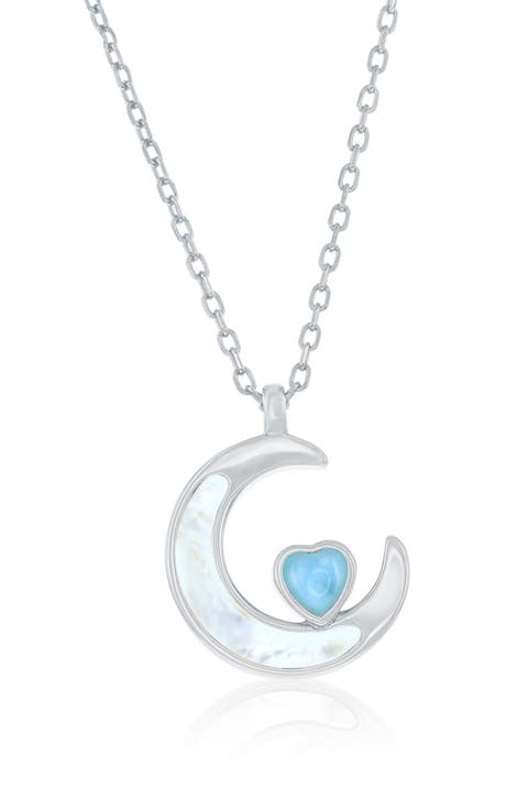 Mother-of-Pearl & Larimar Crescent Moon Pendant Necklace