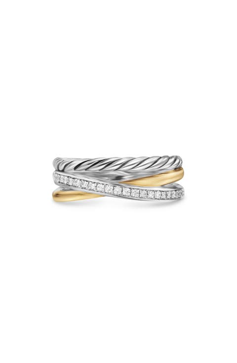 Crossover Three Row Ring in Sterling Silver with 18K Yellow Gold and Diamonds, 7mm