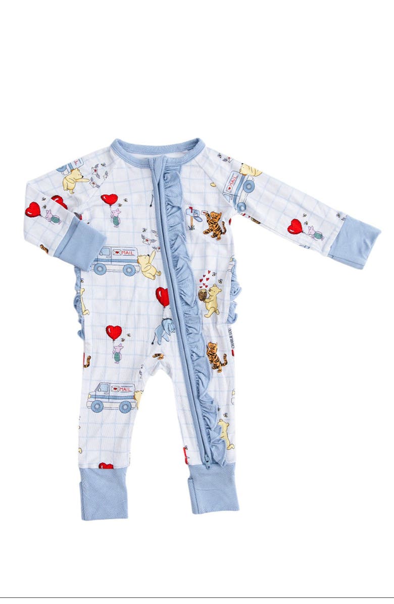 Charlie Lou Baby<sup>®</sup> Valentine's Day Winnie the Pooh Hundred Acre Love Letters Double Zipper Convertible Romper with Ruffles, Main, color, 
