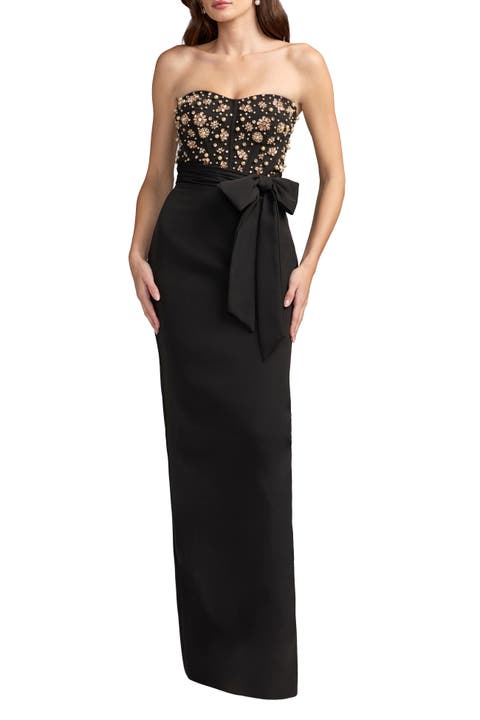 Strapless Embellished Bustier Gown with Bow