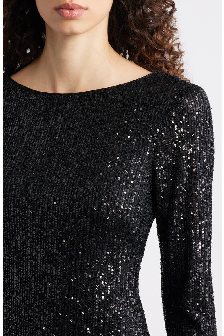 Sequin Bodice Long Sleeve Mixed Media Cocktail Dress, Alternate, color, BLACK