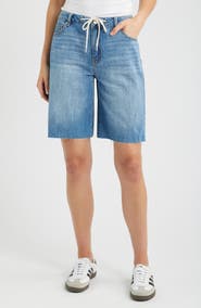1822 Denim Raw Hem Drawstring Long Denim Shorts