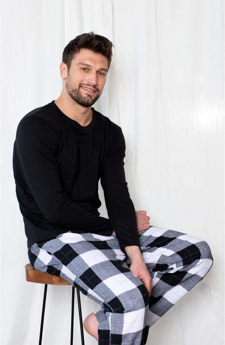 Leveret Men's Cotton Top & Flannel Pants Printed Holiday Pajama Set, Alternate, color, Plaid Black & White