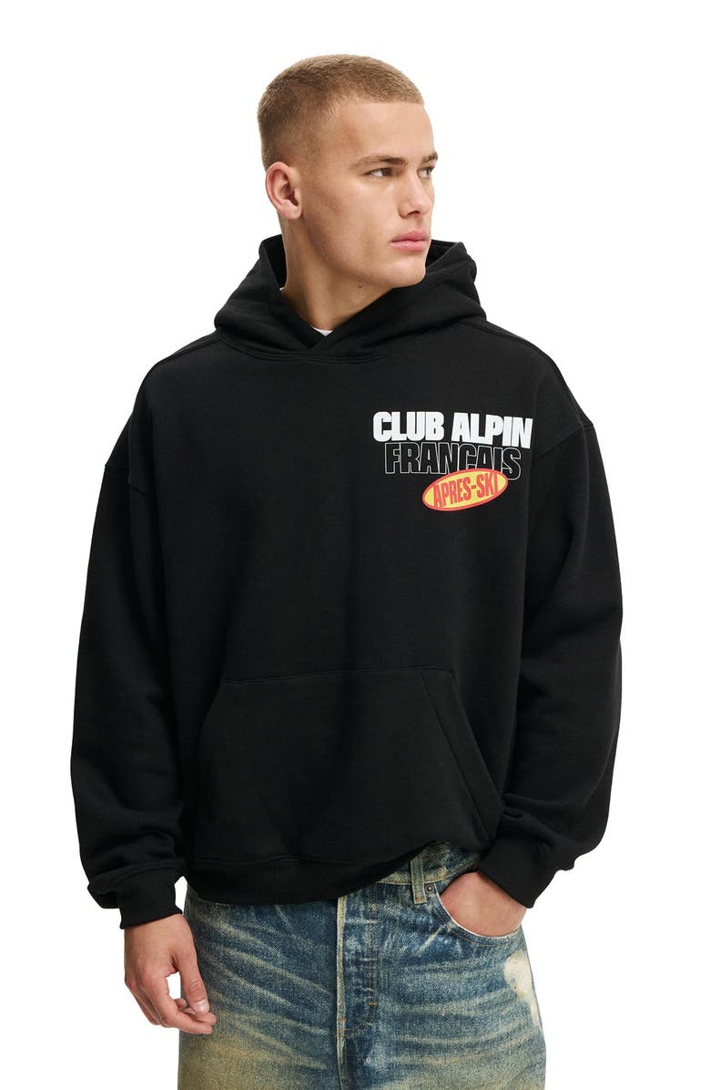 Cotton On Men's Box Fit Graphic Hoodie, Main, color, Black Club Alpin