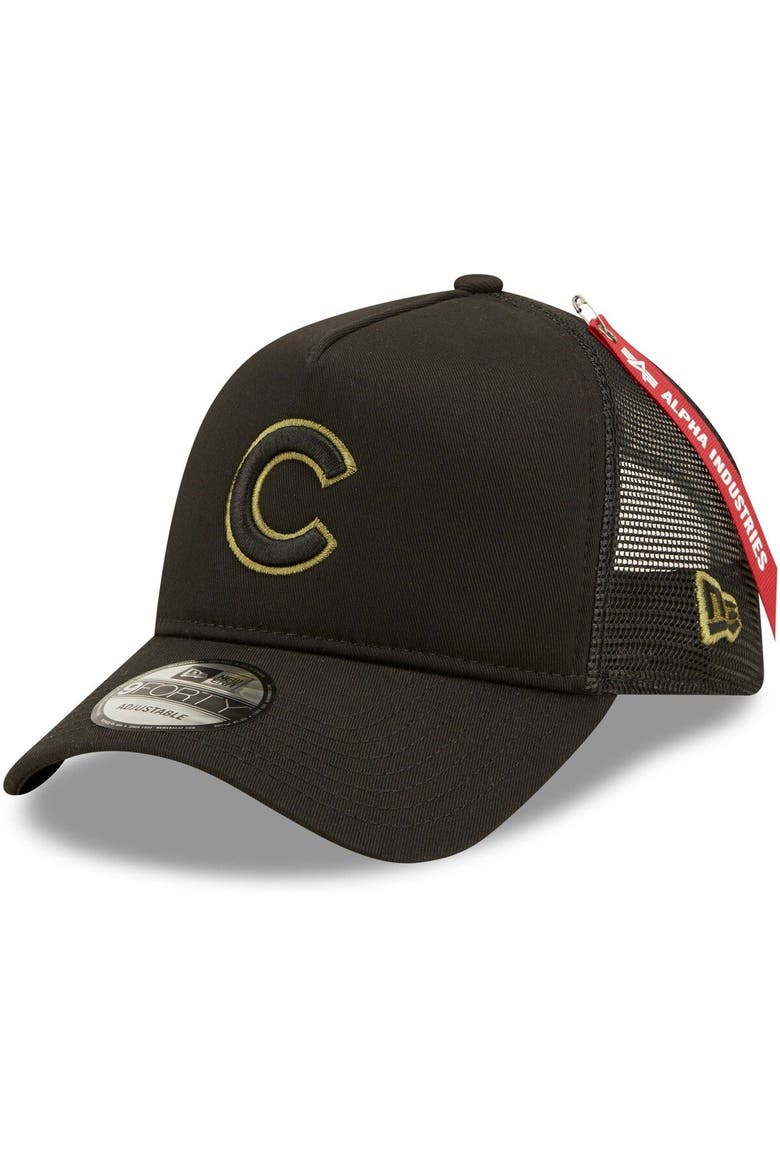 Men's New Era x Alpha Industries Black Chicago Cubs A-Frame 9FORTY Trucker Snapback Hat, Main, color, Black