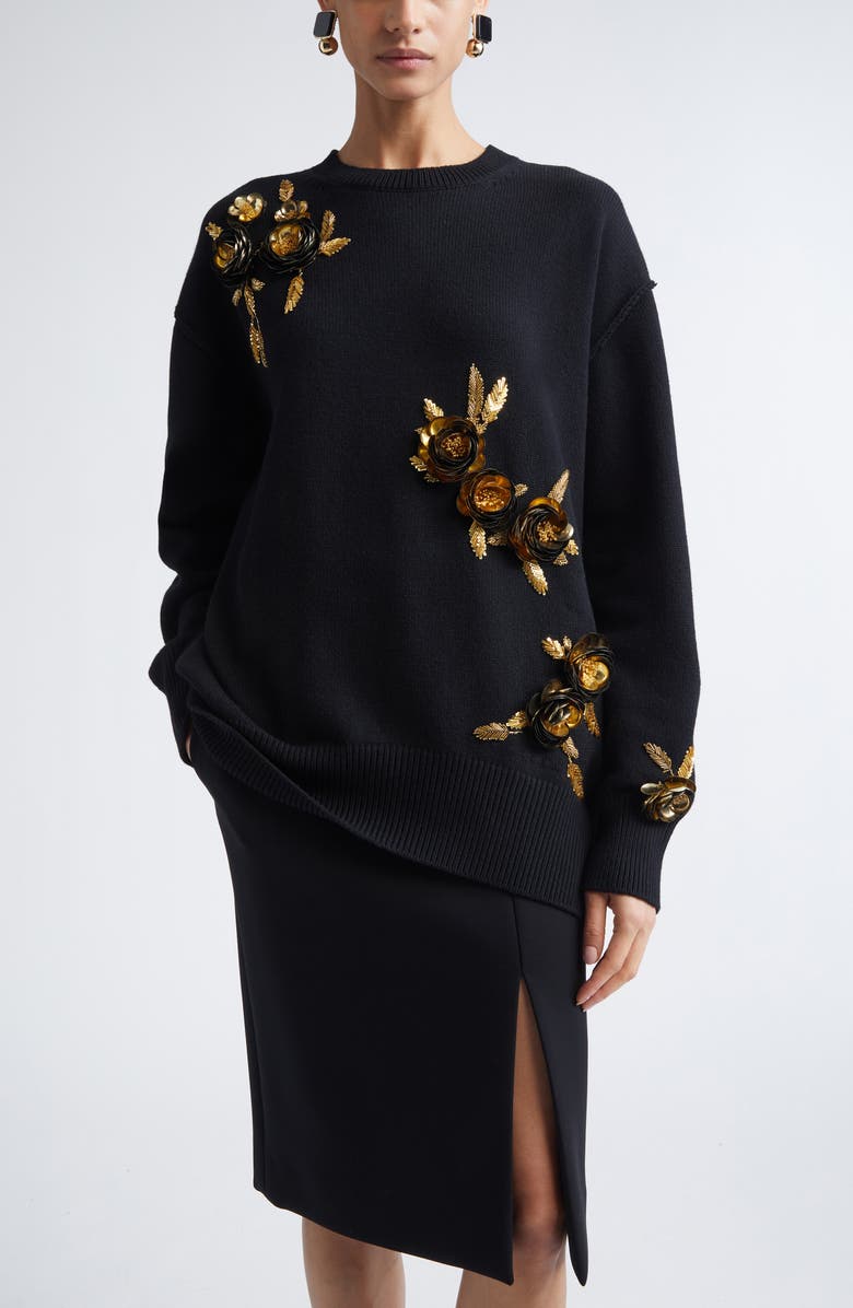 Carolina Herrera Floral Embroidered Oversize Virgin Wool & Cashere Sweater, Main, color, Black Multi
