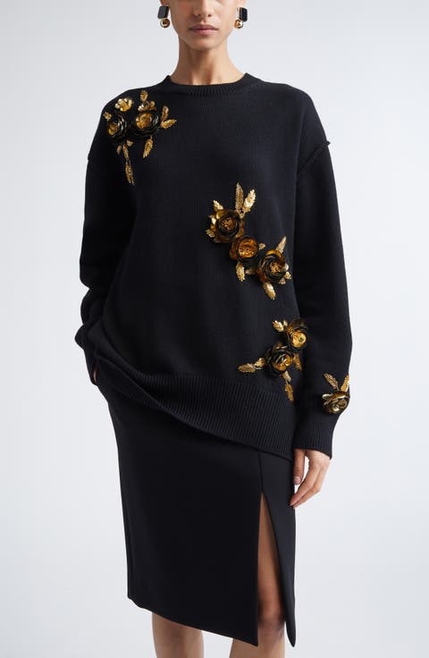 Floral Embroidered Oversize Virgin Wool & Cashere Sweater