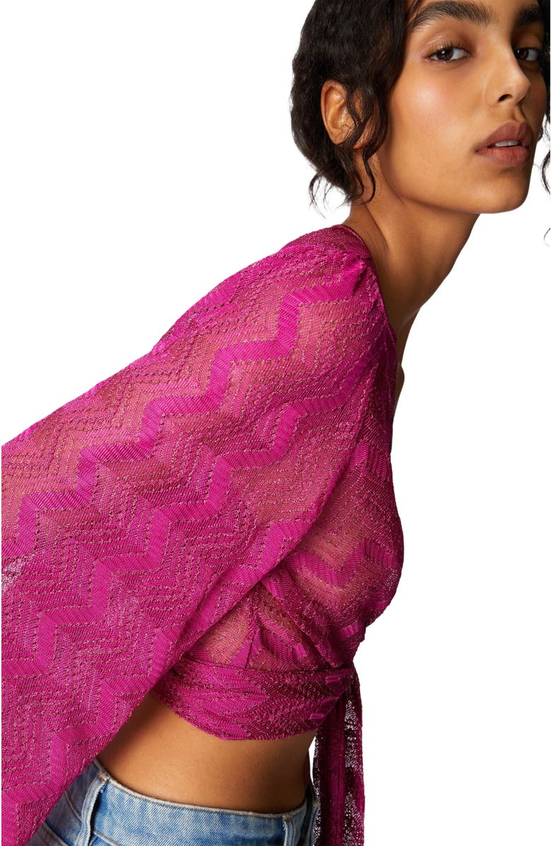 Missoni Crop Top With Wide Sleeves And Front Knot In Zig Zag Lamé Viscose, Alternate, color, Purple