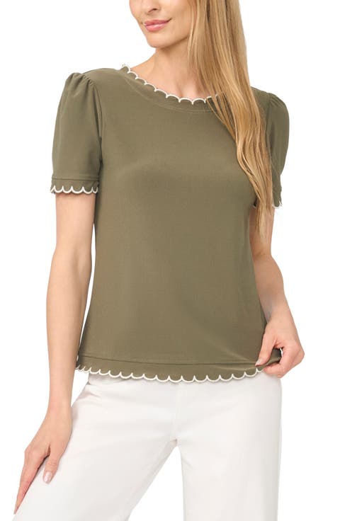Scallop Trim Puff Sleeve Knit Top