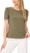 CeCe Scallop Trim Puff Sleeve Knit Top