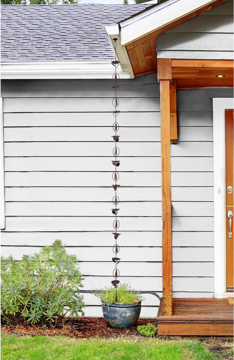 Glitzhome 8.5ft 20-Piece Faux Copper Lotus Flower and Bell Shaped Rain Chain with V-Shaped Gutter Clip, Alternate, color, Brown