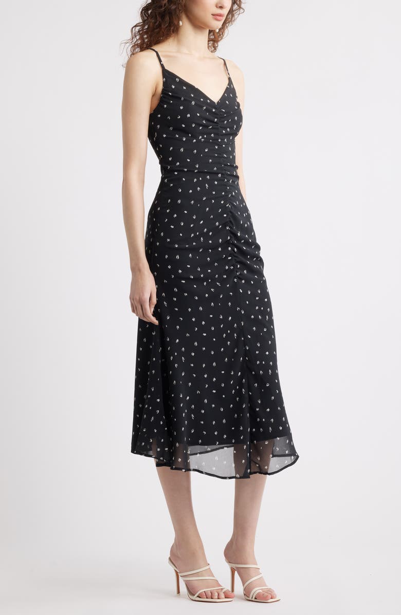 Chelsea28 Gathered V-Neck Midi Dress, Alternate, color, Black- Ivory Confetti Dot