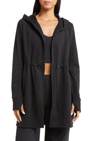 Beyond Yoga On The Go Open Front Hooded Jacket In Black