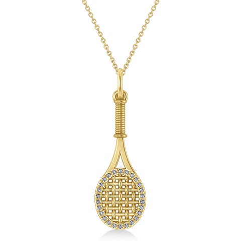 Diamond Accented Tennis Racket Pendant Necklace 14K