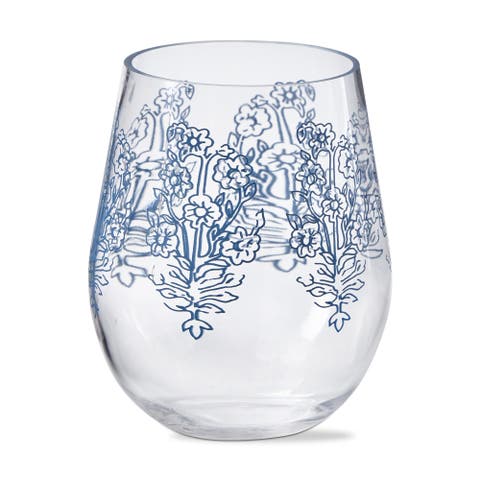 Cottage Blue White Floral Acrylic Stemless Beverage Glasses