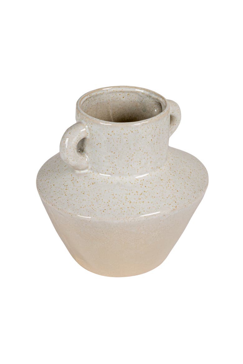 Round Stoneware Vase with Reactive Glaze Finish and Vertical Handles, Light Grey, Main, color, White