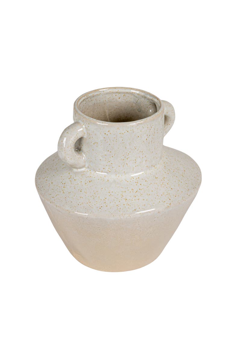 Storied Home Round Stoneware Vase with Reactive Glaze Finish and Vertical Handles, Light Grey, Main, color, White