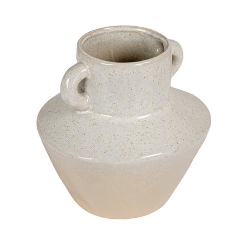 Round Stoneware Vase with Reactive Glaze Finish and Vertical Handles, Light Grey
