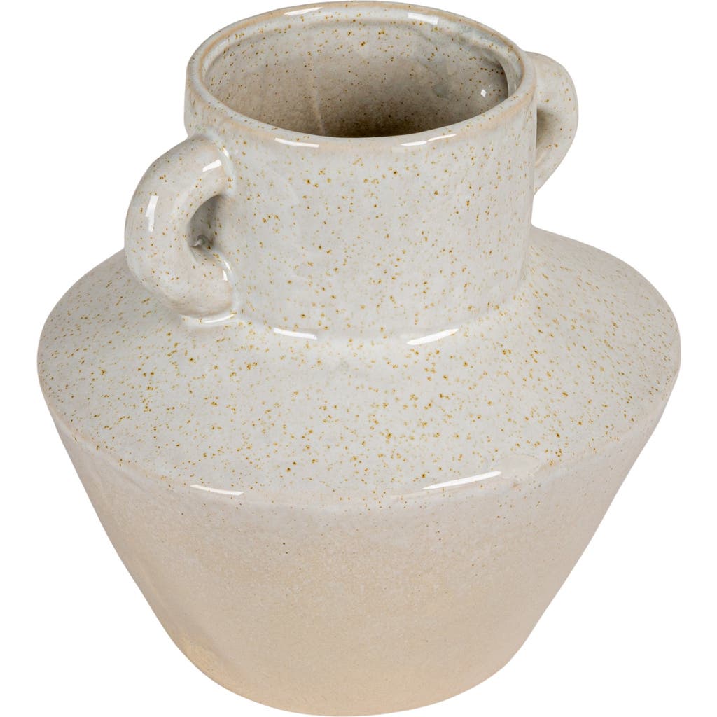 Storied Home Round Stoneware Vase With Reactive Glaze Finish And Vertical Handles, Light Grey In Neutral